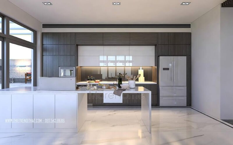 Tủ bếp đẹp, sang trọng từ gỗ công nghiệp An Cường cùng đá ốp nhân tạo cao cấp đã tạo nên vẻ đẹp hiện đại, độc đáo cho phòng bếp. Tủ bếp hiện đại