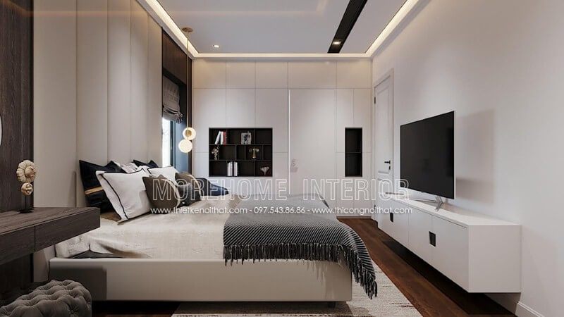 Bố trí nội thất phòng ngủ đẹp nổi bật với điểm nhấn trắng sang trọng.