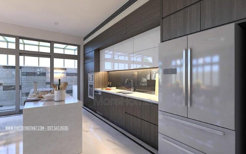 Bàn đảo đá tự nhiên trắng cao cấp lựa chọn ấn tượng cho không gian bếp hiện đại, sang trọng.