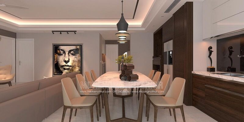 Mẫu bàn ăn mặt đá đẹp chân gỗ kết hợp 6 ghế ăn gỗ tự nhiên với tông màu be sang trọng tạo điểm nhấn cho không gian căn phòng.