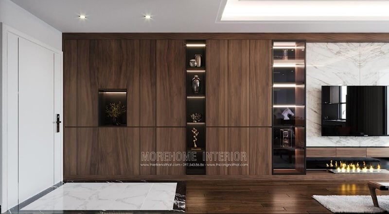 Mẫu tủ trang trí phòng khách gỗ óc chó cao cấp tại hà nội