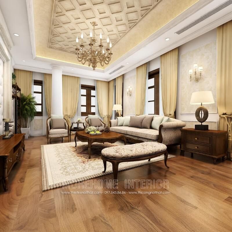Sofa tân cổ điển gỗ tự nhiên óc chó bọc nỉ hoa văn cao cấp kết hợp cùng bàn trà, kệ ti vi, tab tạo nên tổng thể phòng khách hoàn chỉnh